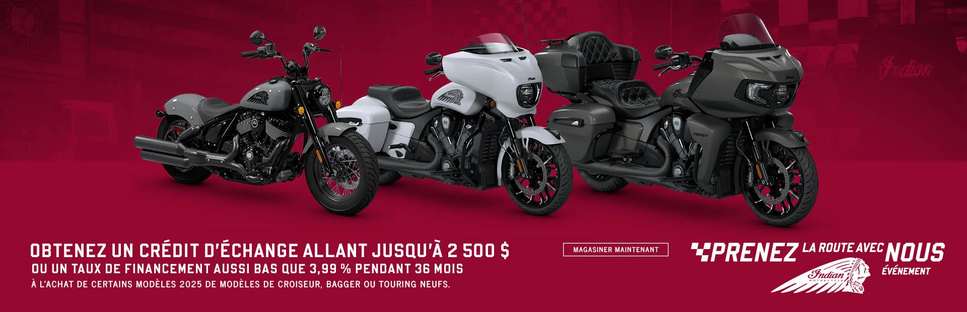 Obtenez jusqu'à 2 500 $ en crédit de reprise ou un financement spécial sur certains nouveaux modèles Cruiser, Bagger et Touring 2025. alt